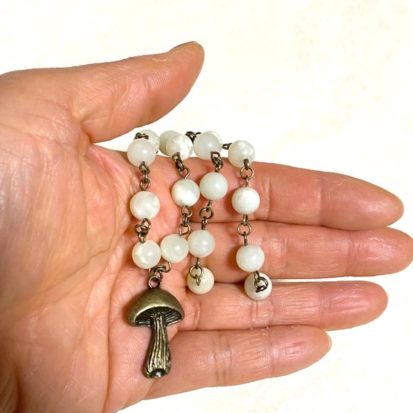 Natural Pale Green Serpentine Necklace, Bronze Slim Mushroom + Genuine Gemstone - Picture 12 of 14